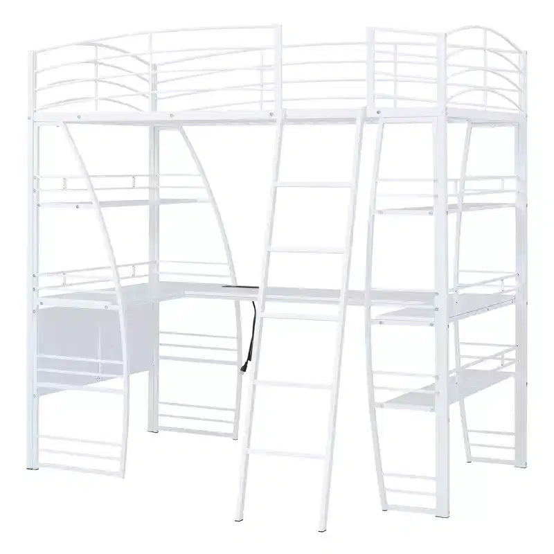 Lit mezzanine avec étagères et bureau en L, cadre en métal avec un ensemble de prises, ports USB et chargement sans fil