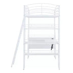 Lit mezzanine avec étagères et bureau en L, cadre en métal avec un ensemble de prises, ports USB et chargement sans fil