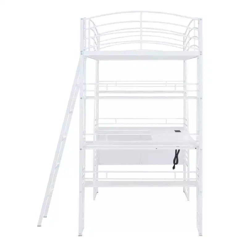 Lit mezzanine avec étagères et bureau en L, cadre en métal avec un ensemble de prises, ports USB et chargement sans fil