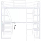 Lit mezzanine avec étagères et bureau en L, cadre en métal avec un ensemble de prises, ports USB et chargement sans fil