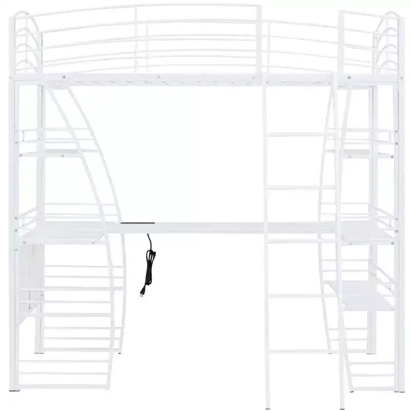 Lit mezzanine avec étagères et bureau en L, cadre en métal avec un ensemble de prises, ports USB et chargement sans fil