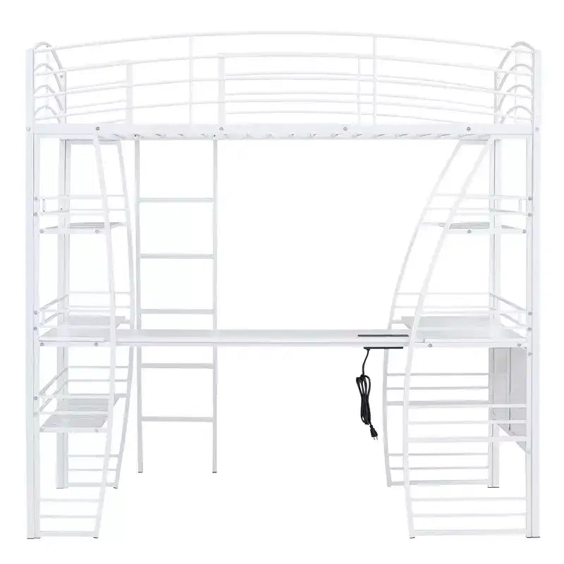 Lit mezzanine avec étagères et bureau en L, cadre en métal avec un ensemble de prises, ports USB et chargement sans fil