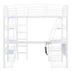 Lit mezzanine avec étagères et bureau en L, cadre en métal avec un ensemble de prises, ports USB et chargement sans fil