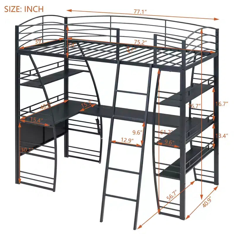 Lit mezzanine avec étagères et bureau en L, cadre en métal avec un ensemble de prises, ports USB et chargement sans fil