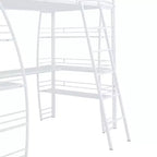 Lit mezzanine avec étagères et bureau en L, cadre en métal avec un ensemble de prises, ports USB et chargement sans fil