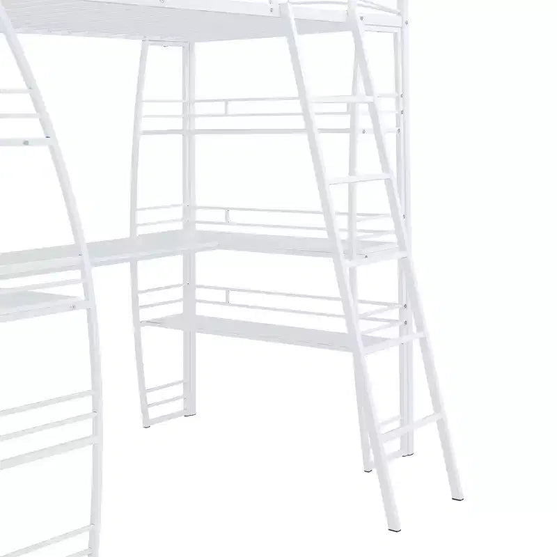 Lit mezzanine avec étagères et bureau en L, cadre en métal avec un ensemble de prises, ports USB et chargement sans fil