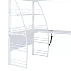 Lit mezzanine avec étagères et bureau en L, cadre en métal avec un ensemble de prises, ports USB et chargement sans fil