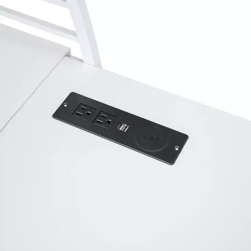 Lit mezzanine avec étagères et bureau en L, cadre en métal avec un ensemble de prises, ports USB et chargement sans fil