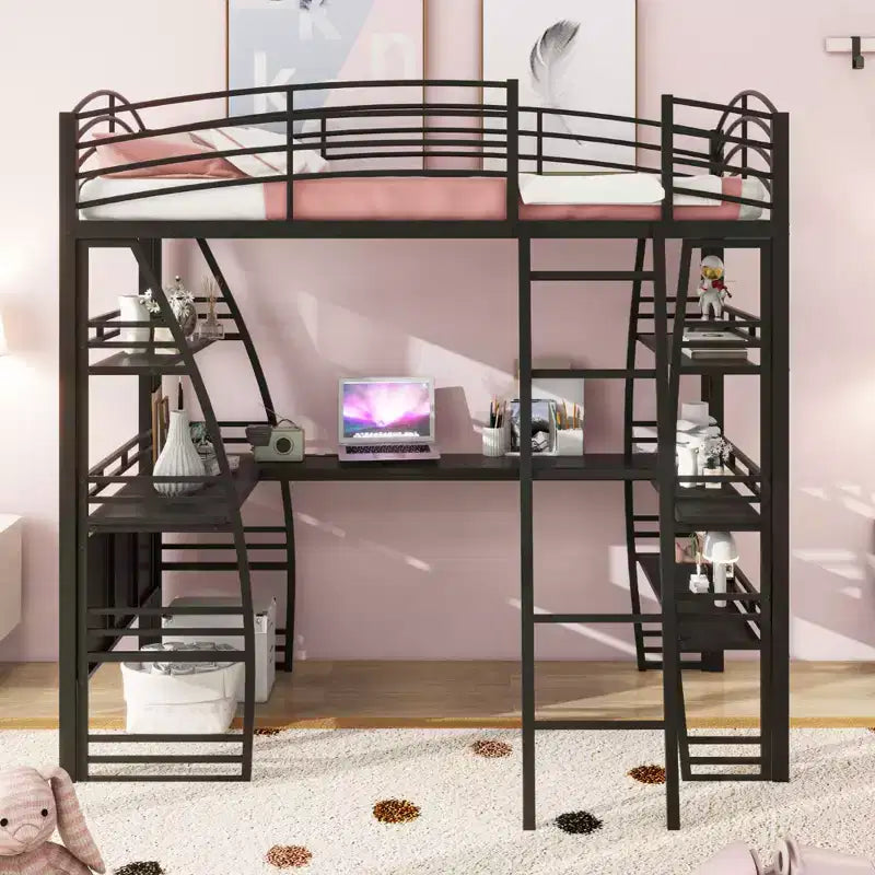 Lit mezzanine avec étagères et bureau en L, cadre en métal avec un ensemble de prises, ports USB et chargement sans fil