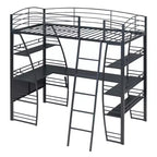 Lit mezzanine avec étagères et bureau en L, cadre en métal avec un ensemble de prises, ports USB et chargement sans fil