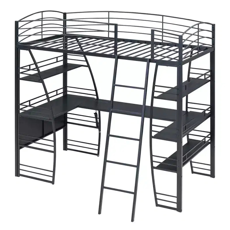 Lit mezzanine avec étagères et bureau en L, cadre en métal avec un ensemble de prises, ports USB et chargement sans fil
