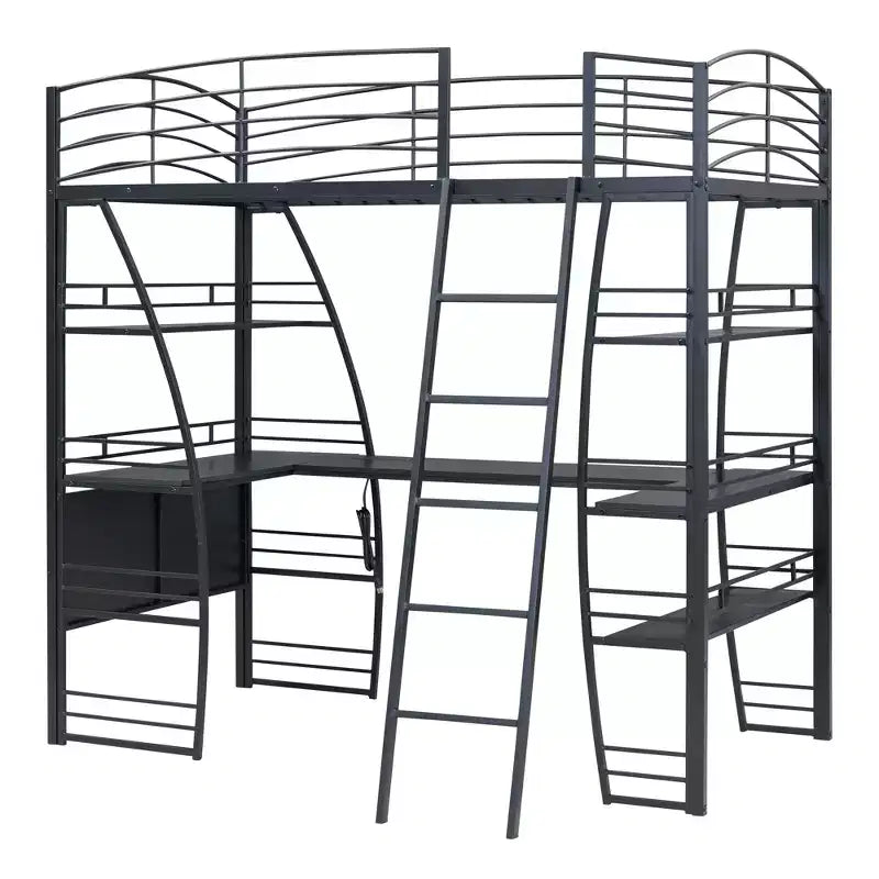 Lit mezzanine avec étagères et bureau en L, cadre en métal avec un ensemble de prises, ports USB et chargement sans fil