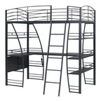 Lit mezzanine avec étagères et bureau en L, cadre en métal avec un ensemble de prises, ports USB et chargement sans fil