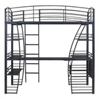 Lit mezzanine avec étagères et bureau en L, cadre en métal avec un ensemble de prises, ports USB et chargement sans fil