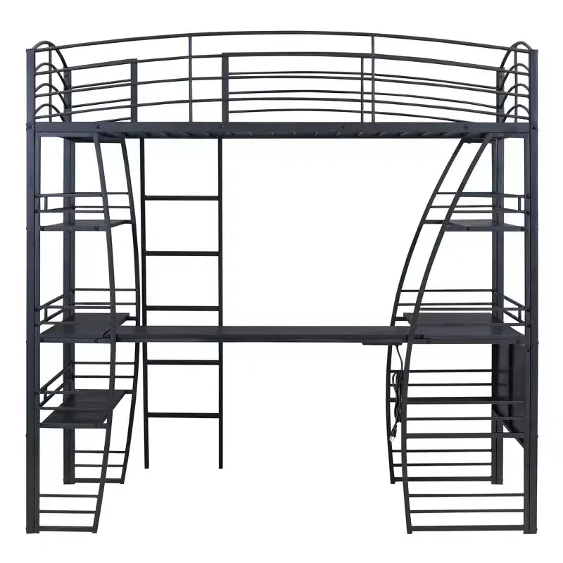 Lit mezzanine avec étagères et bureau en L, cadre en métal avec un ensemble de prises, ports USB et chargement sans fil
