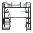 Lit mezzanine avec étagères et bureau en L, cadre en métal avec un ensemble de prises, ports USB et chargement sans fil