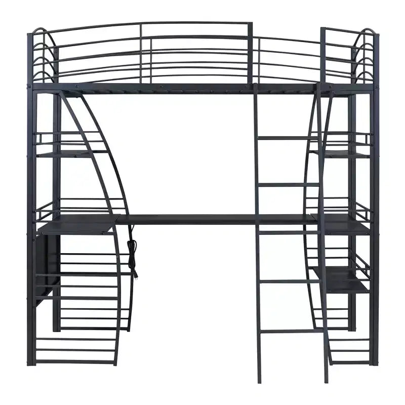 Lit mezzanine avec étagères et bureau en L, cadre en métal avec un ensemble de prises, ports USB et chargement sans fil