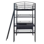 Lit mezzanine avec étagères et bureau en L, cadre en métal avec un ensemble de prises, ports USB et chargement sans fil