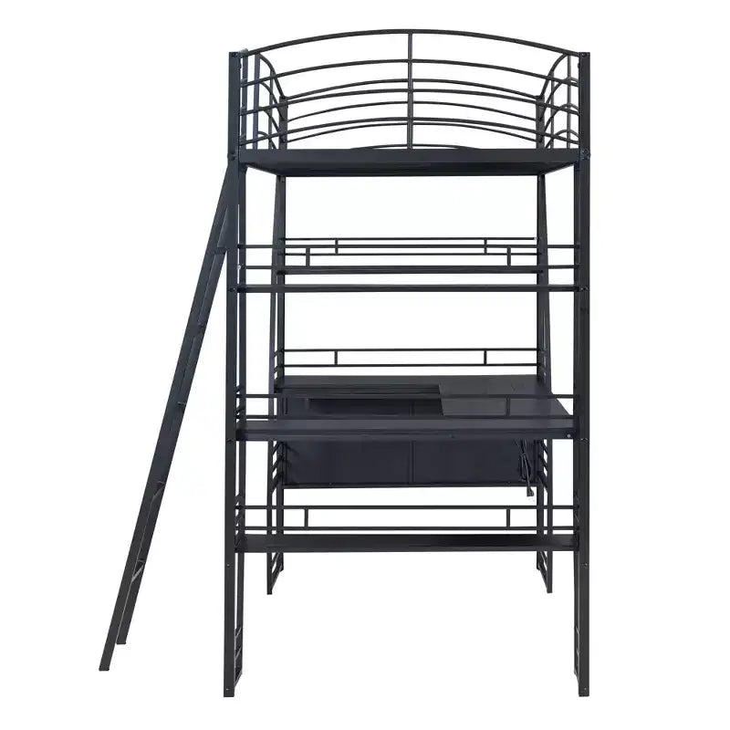 Lit mezzanine avec étagères et bureau en L, cadre en métal avec un ensemble de prises, ports USB et chargement sans fil