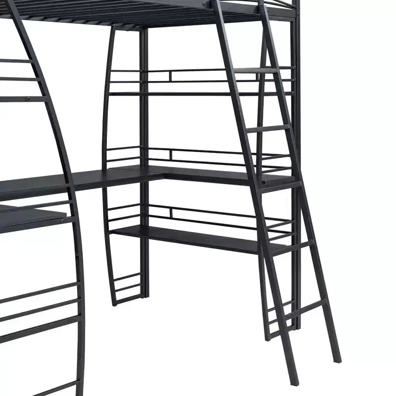Lit mezzanine avec étagères et bureau en L, cadre en métal avec un ensemble de prises, ports USB et chargement sans fil