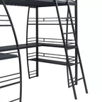 Lit mezzanine avec étagères et bureau en L, cadre en métal avec un ensemble de prises, ports USB et chargement sans fil