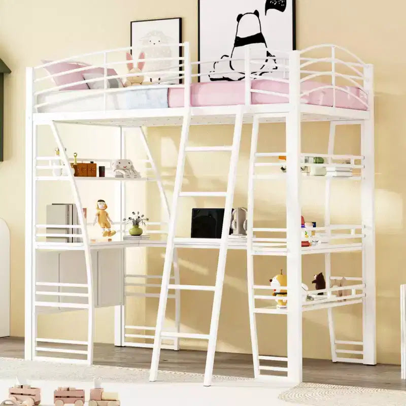 Lit mezzanine avec étagères et bureau en L, cadre en métal avec un ensemble de prises, ports USB et chargement sans fil