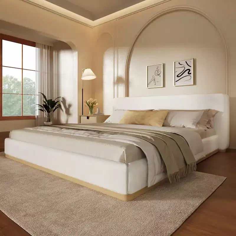 Cadre de lit élégant en velours, lit plateforme Queen/King Size pour chambre à coucher, blanc - ModernLuxe
