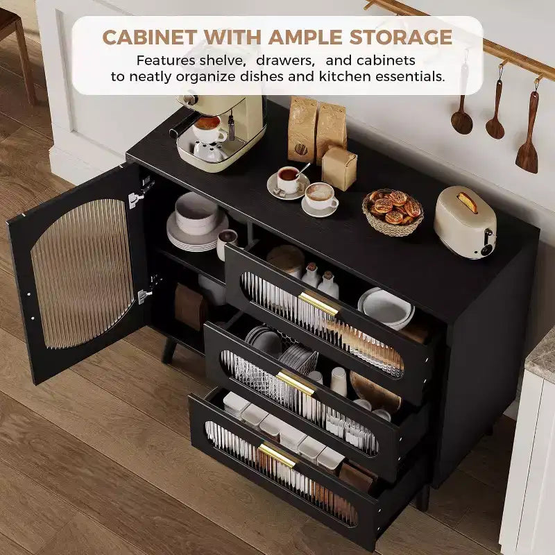 Bahut avec rangement, bahut avec portes vitrées encastrées et tiroirs, bahut noir pour cuisine, salle à manger, salon