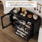 Bahut avec rangement, bahut avec portes vitrées encastrées et tiroirs, bahut noir pour cuisine, salle à manger, salon