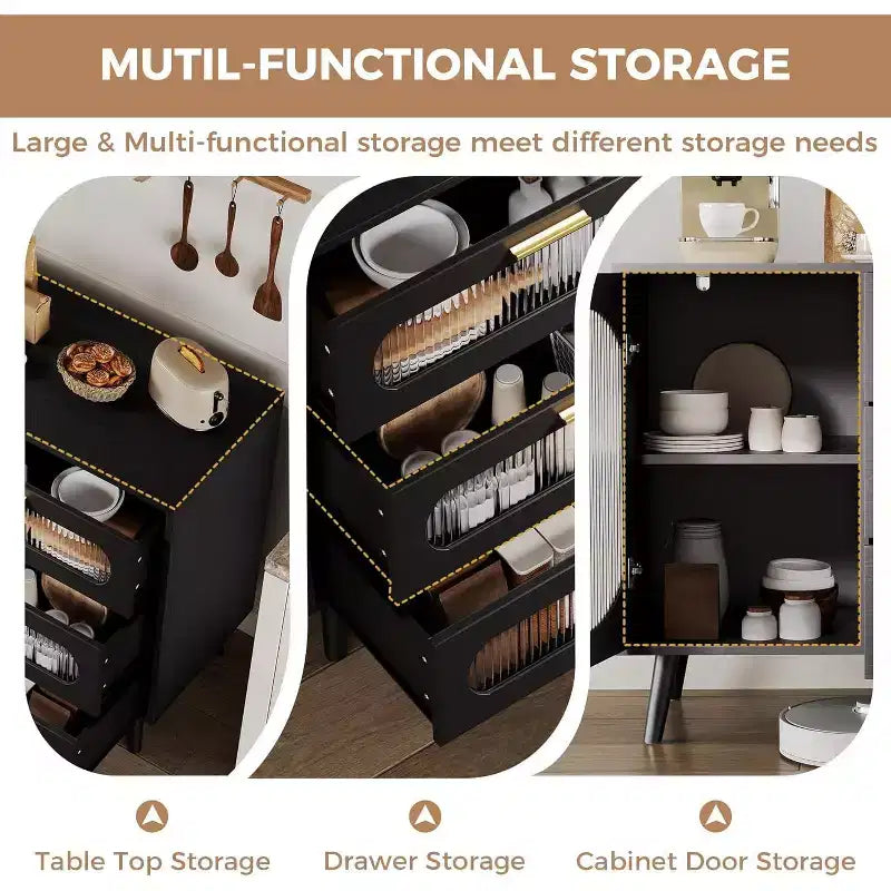 Bahut avec rangement, bahut avec portes vitrées encastrées et tiroirs, bahut noir pour cuisine, salle à manger, salon