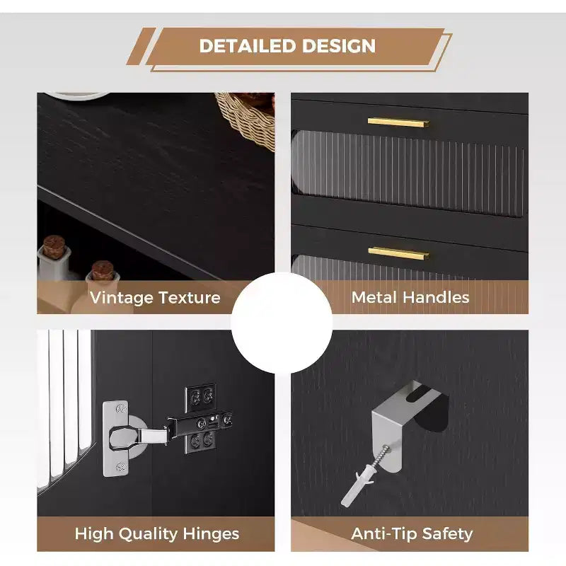 Bahut avec rangement, bahut avec portes vitrées encastrées et tiroirs, bahut noir pour cuisine, salle à manger, salon