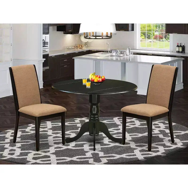 Ensemble de salle à manger rond 3 pièces en bois massif finition noire – 4 places
