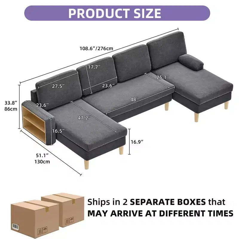 Canapé sectionnel modulaire en forme de U 109, 4 places, convertible, confortable avec accoudoirs, facile à assembler pour salon ou chambre à coucher.