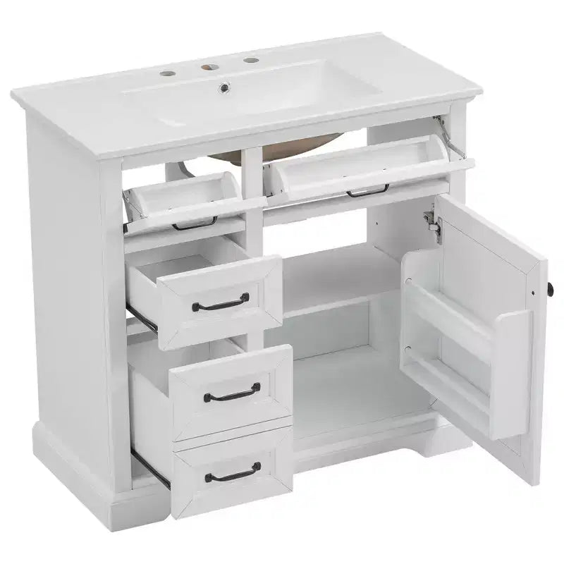 Meuble-lavabo 36 po avec dessus en céramique, 4 tiroirs, 1 porte à fermeture amortie, autoportant, poignées en métal, noir