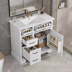 Meuble-lavabo 36 po avec dessus en céramique, 4 tiroirs, 1 porte à fermeture amortie, autoportant, poignées en métal, noir