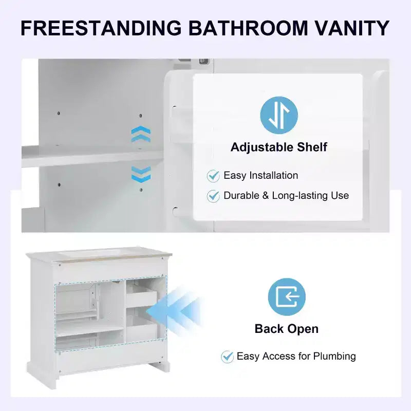 Meuble-lavabo 36 po avec dessus en céramique, 4 tiroirs, 1 porte à fermeture amortie, autoportant, poignées en métal, noir
