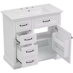 Meuble-lavabo 36 po avec dessus en céramique, 4 tiroirs, 1 porte à fermeture amortie, autoportant, poignées en métal, noir
