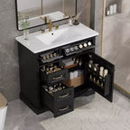 Meuble-lavabo 36 po avec dessus en céramique, 4 tiroirs, 1 porte à fermeture amortie, autoportant, poignées en métal, noir