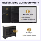 Meuble-lavabo 36 po avec dessus en céramique, 4 tiroirs, 1 porte à fermeture amortie, autoportant, poignées en métal, noir