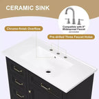 Meuble-lavabo 36 po avec dessus en céramique, 4 tiroirs, 1 porte à fermeture amortie, autoportant, poignées en métal, noir