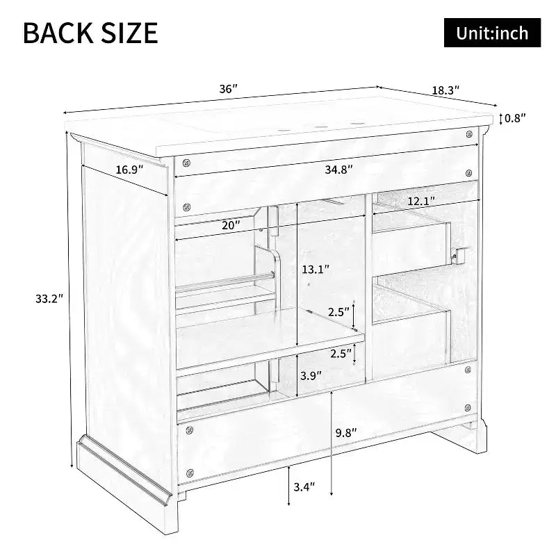 Meuble-lavabo 36 po avec dessus en céramique, 4 tiroirs, 1 porte à fermeture amortie, autoportant, poignées en métal, noir