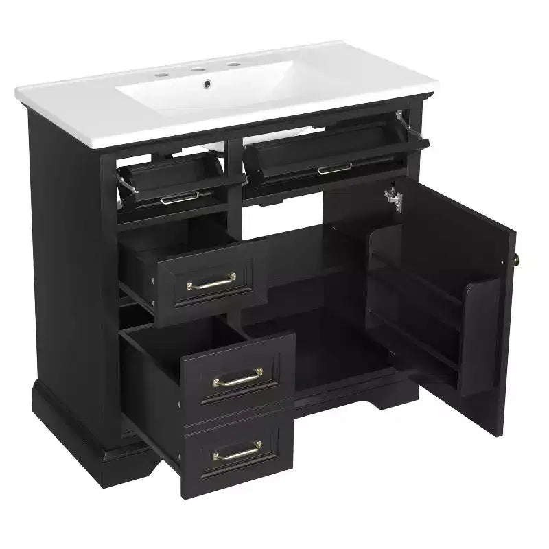 Meuble-lavabo 36 po avec dessus en céramique, 4 tiroirs, 1 porte à fermeture amortie, autoportant, poignées en métal, noir