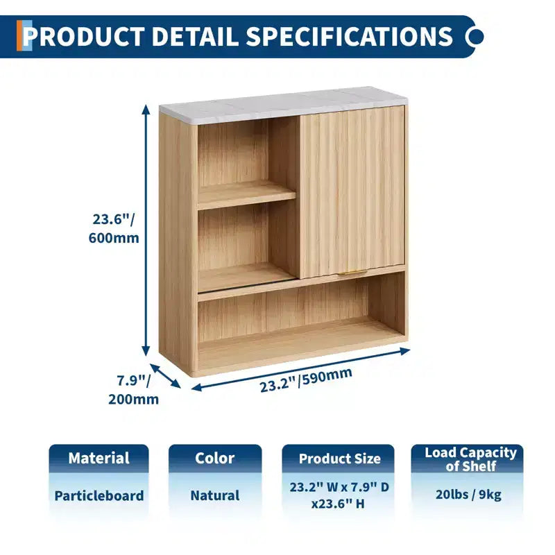Meuble haut cannelé avec porte coulissante, plateau en faux marbre et étagère réglable, armoire à pharmacie incurvée pour salle de bain ou buanderie