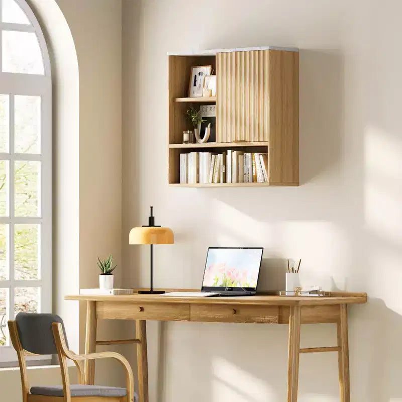 Meuble haut cannelé avec porte coulissante, plateau en faux marbre et étagère réglable, armoire à pharmacie incurvée pour salle de bain ou buanderie