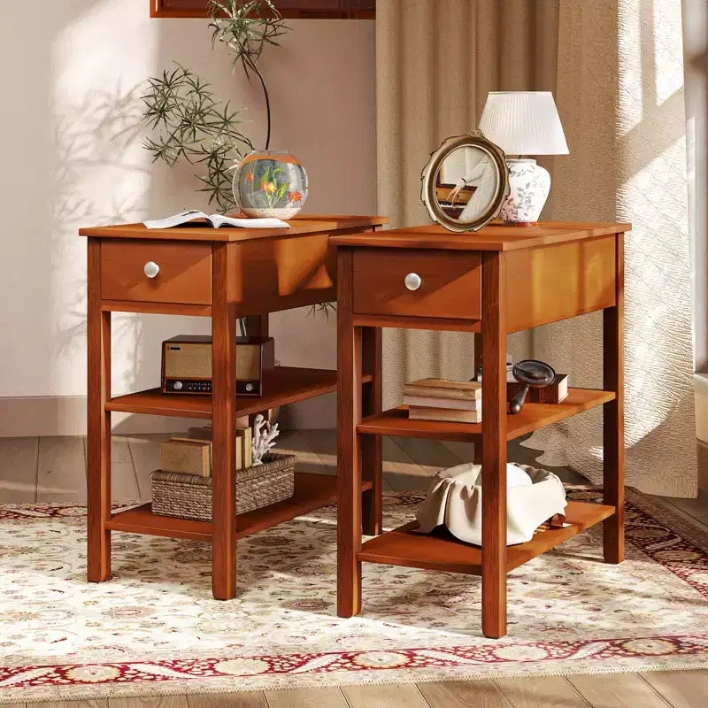 Tables d'appoint étroites avec tiroirs, étagères et pieds en bois d'hévéa – Table d'appoint de canapé