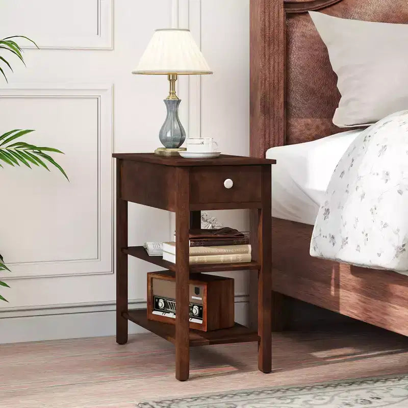Tables d'appoint étroites avec tiroirs, étagères et pieds en bois d'hévéa – Table d'appoint de canapé