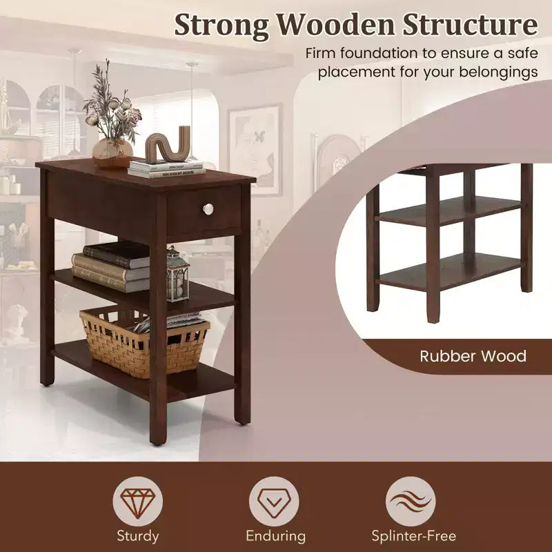 Tables d'appoint étroites avec tiroirs, étagères et pieds en bois d'hévéa – Table d'appoint de canapé