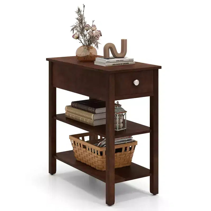 Tables d'appoint étroites avec tiroirs, étagères et pieds en bois d'hévéa – Table d'appoint de canapé