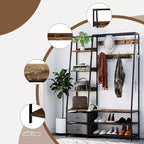 Portemanteau d'entrée 6 en 1 autoportant avec banc et tiroirs en tissu marron rustique