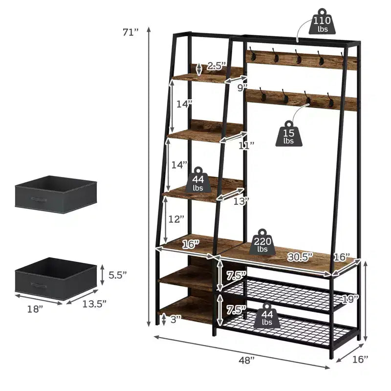 Portemanteau d'entrée 6 en 1 autoportant avec banc et tiroirs en tissu marron rustique